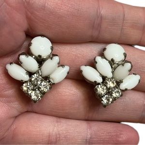 Vintage White Milk Glass and Rhinestone Clip On Earrings